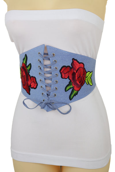 Brand New Women Light Blue Denim High Waist Corset Stretch Belt Red Rose Flowers Size S M