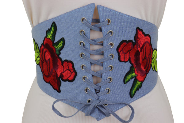 Brand New Women Light Blue Denim High Waist Corset Stretch Belt Red Rose Flowers Size S M