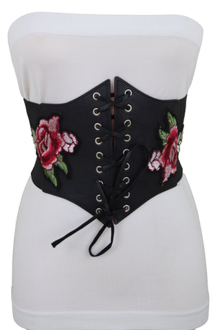Brand New Women High Waist Wide Strap Black Corset Elastic Band Belt Red Rose Flowers S M