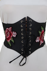 High Waist Wide Strap Black Corset Elastic Band Belt Red Rose Flowers S M