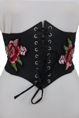 High Waist Wide Strap Black Corset Elastic Band Belt Red Rose Flowers S M