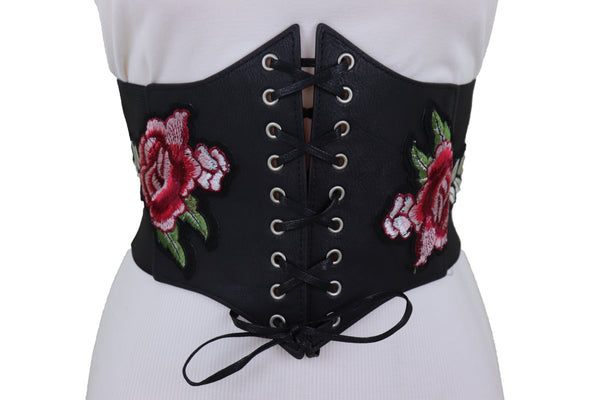 Brand New Women High Waist Wide Strap Black Corset Elastic Band Belt Red Rose Flowers S M