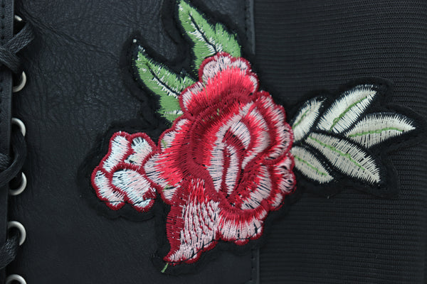 Brand New Women High Waist Wide Strap Black Corset Elastic Band Belt Red Rose Flowers S M