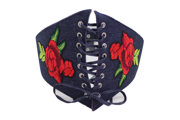 Brand New Women Dark Blue Denim High Waist Corset Elastic Wide Belt Red Rose Flowers S M