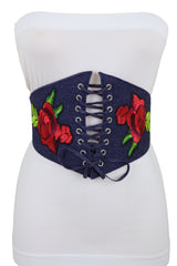 Dark Blue Denim High Waist Corset Elastic Wide Belt Red Rose Flowers S M