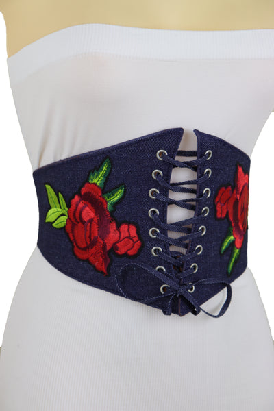 Brand New Women Dark Blue Denim High Waist Corset Elastic Wide Belt Red Rose Flowers S M