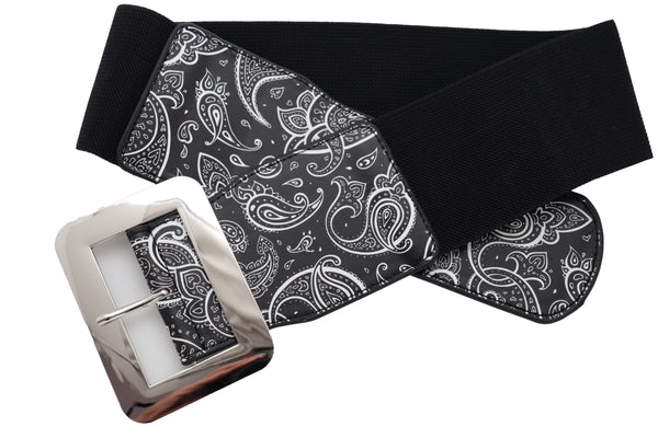 Brand New Women Cinch Waistband Wide Black Elastic Waist Hip Belt Paisley Print Size S M