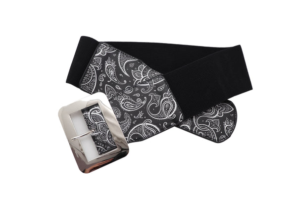 Brand New Women Cinch Waistband Wide Black Elastic Waist Hip Belt Paisley Print Size S M