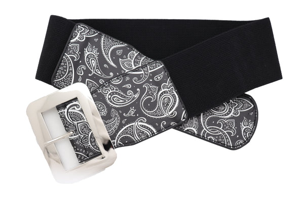 Brand New Women Cinch Waistband Wide Black Elastic Waist Hip Belt Paisley Print Size S M