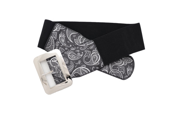 Brand New Women Cinch Waistband Wide Black Elastic Waist Hip Belt Paisley Print Size S M