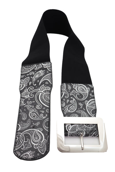 Brand New Women Cinch Waistband Wide Black Elastic Waist Hip Belt Paisley Print Size S M