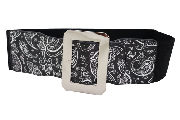 Brand New Women Cinch Waistband Wide Black Elastic Waist Hip Belt Paisley Print Size S M