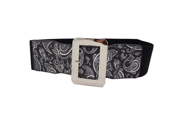 Brand New Women Cinch Waistband Wide Black Elastic Waist Hip Belt Paisley Print Size S M