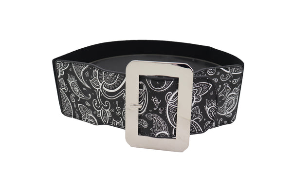 Brand New Women Cinch Waistband Wide Black Elastic Waist Hip Belt Paisley Print Size S M