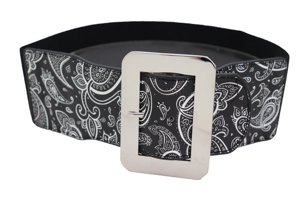Brand New Women Cinch Waistband Wide Black Elastic Waist Hip Belt Paisley Print Size S M