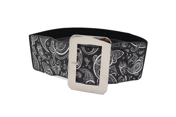 Brand New Women Cinch Waistband Wide Black Elastic Waist Hip Belt Paisley Print Size S M