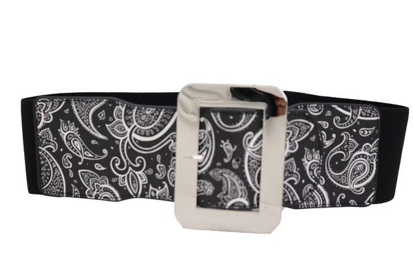Brand New Women Cinch Waistband Wide Black Elastic Waist Hip Belt Paisley Print Size S M