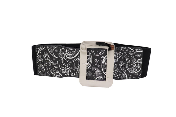 Brand New Women Cinch Waistband Wide Black Elastic Waist Hip Belt Paisley Print Size S M