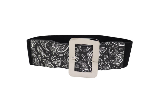 Brand New Women Cinch Waistband Wide Black Elastic Waist Hip Belt Paisley Print Size S M