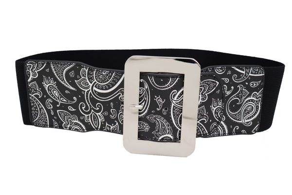 Brand New Women Cinch Waistband Wide Black Elastic Waist Hip Belt Paisley Print Size S M
