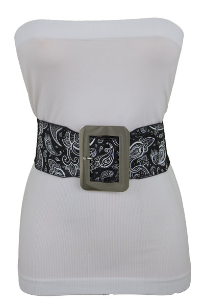 Brand New Women Cinch Waistband Wide Black Elastic Waist Hip Belt Paisley Print Size S M