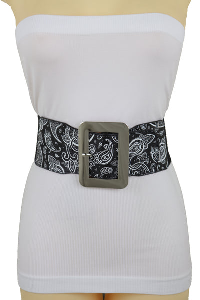 Brand New Women Cinch Waistband Wide Black Elastic Waist Hip Belt Paisley Print Size S M