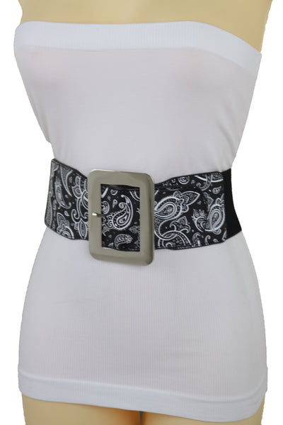 Brand New Women Cinch Waistband Wide Black Elastic Waist Hip Belt Paisley Print Size S M