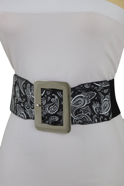 Brand New Women Cinch Waistband Wide Black Elastic Waist Hip Belt Paisley Print Size S M
