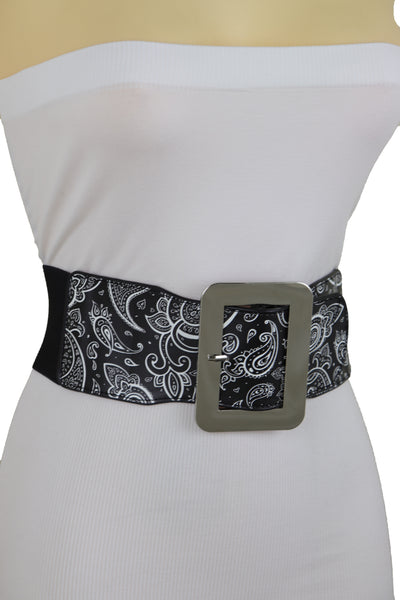 Brand New Women Cinch Waistband Wide Black Elastic Waist Hip Belt Paisley Print Size S M