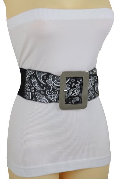 Brand New Women Cinch Waistband Wide Black Elastic Waist Hip Belt Paisley Print Size S M