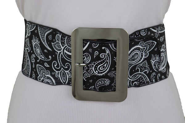Brand New Women Cinch Waistband Wide Black Elastic Waist Hip Belt Paisley Print Size S M