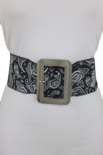 Brand New Women Cinch Waistband Wide Black Elastic Waist Hip Belt Paisley Print Size S M