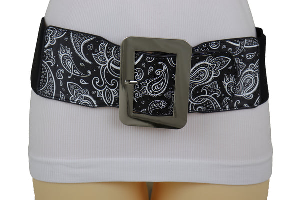 Brand New Women Cinch Waistband Wide Black Elastic Waist Hip Belt Paisley Print Size S M