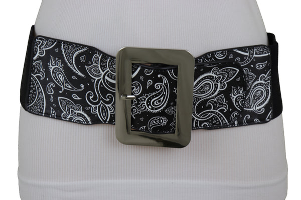 Brand New Women Cinch Waistband Wide Black Elastic Waist Hip Belt Paisley Print Size S M