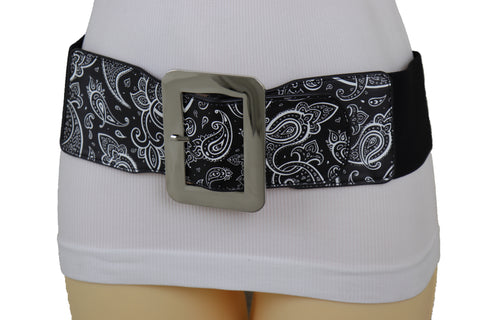 Brand New Women Cinch Waistband Wide Black Elastic Waist Hip Belt Paisley Print Size S M