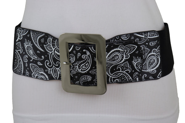 Brand New Women Cinch Waistband Wide Black Elastic Waist Hip Belt Paisley Print Size S M