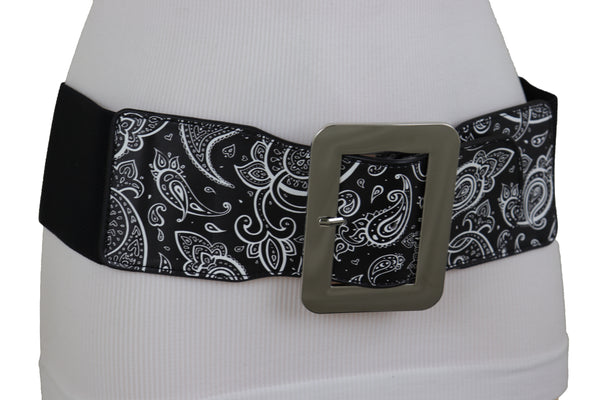 Brand New Women Cinch Waistband Wide Black Elastic Waist Hip Belt Paisley Print Size S M