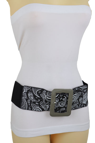 Brand New Women Cinch Waistband Wide Black Elastic Waist Hip Belt Paisley Print Size S M