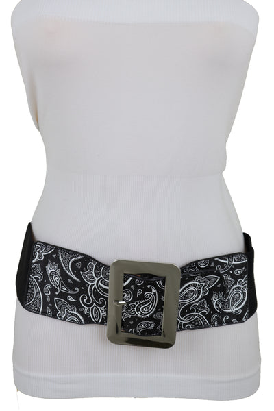 Brand New Women Cinch Waistband Wide Black Elastic Waist Hip Belt Paisley Print Size S M