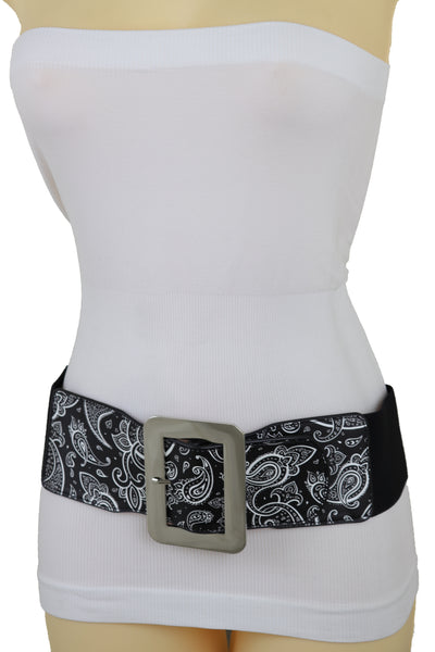 Brand New Women Cinch Waistband Wide Black Elastic Waist Hip Belt Paisley Print Size S M
