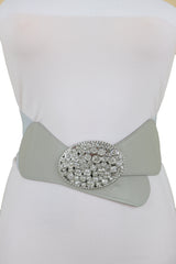 Gray Elastic Band Hip High Waist Fashion Belt Silver Bling Oval Buckle S M