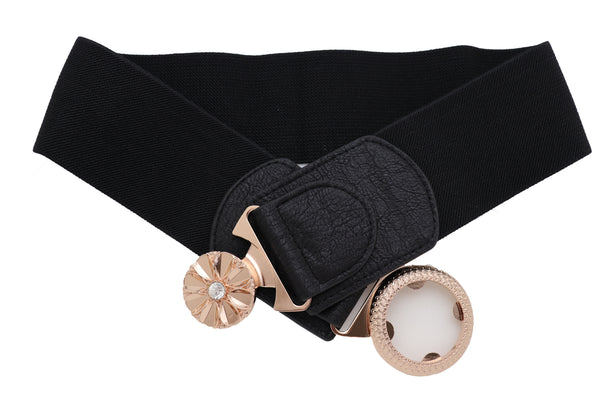 Brand New Women Black Elastic Waistband Fashion Belt Gold Metal Flower Buckle Size S M