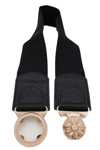 Brand New Women Black Elastic Waistband Fashion Belt Gold Metal Flower Buckle Size S M