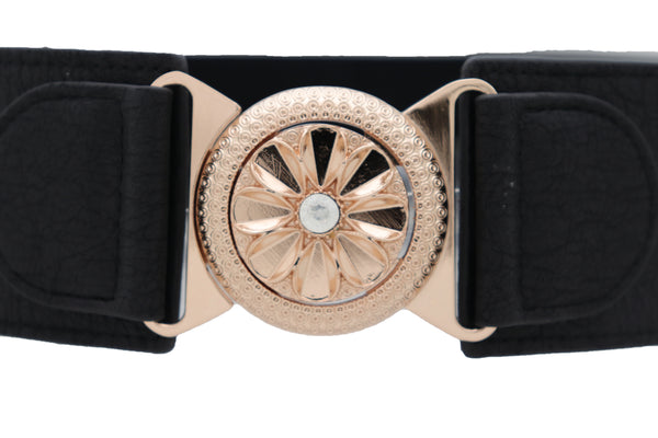 Brand New Women Black Elastic Waistband Fashion Belt Gold Metal Flower Buckle Size S M