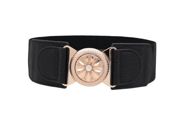 Brand New Women Black Elastic Waistband Fashion Belt Gold Metal Flower Buckle Size S M