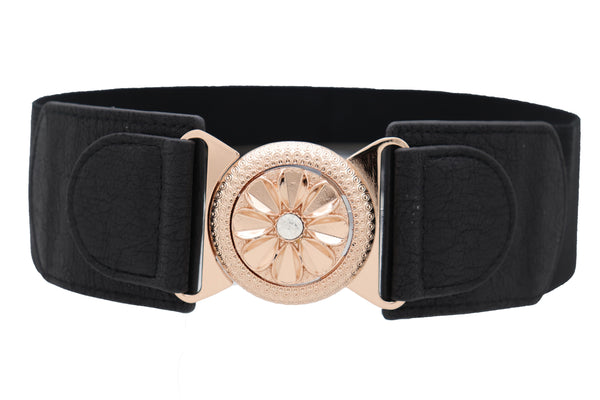Brand New Women Black Elastic Waistband Fashion Belt Gold Metal Flower Buckle Size S M
