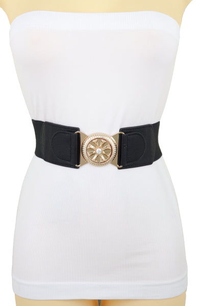 Brand New Women Black Elastic Waistband Fashion Belt Gold Metal Flower Buckle Size S M