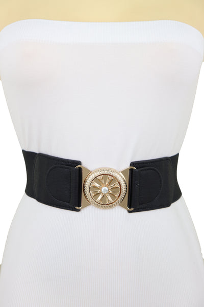 Brand New Women Black Elastic Waistband Fashion Belt Gold Metal Flower Buckle Size S M