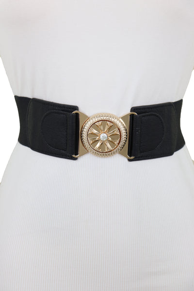 Brand New Women Black Elastic Waistband Fashion Belt Gold Metal Flower Buckle Size S M