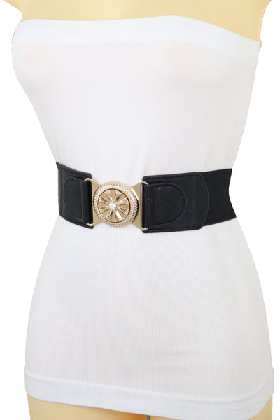Brand New Women Black Elastic Waistband Fashion Belt Gold Metal Flower Buckle Size S M